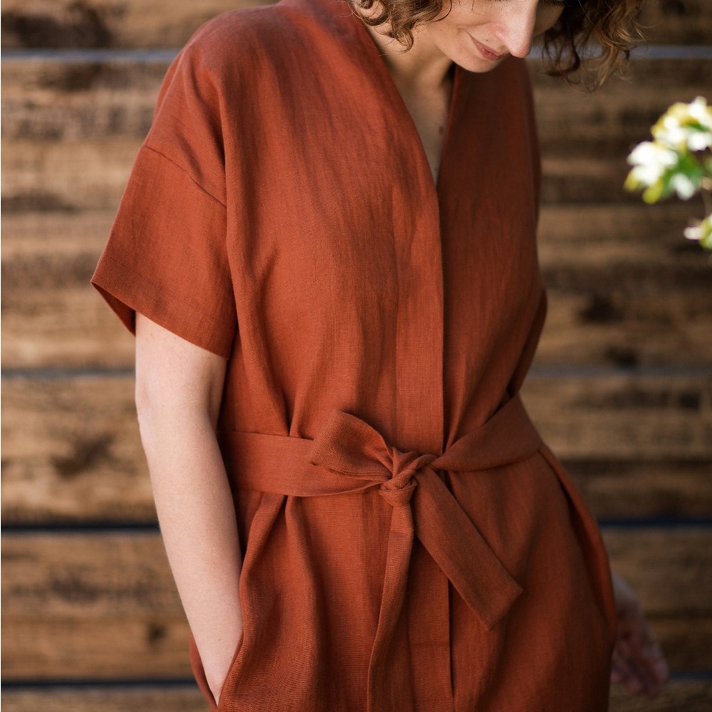 Offon 100% Linen Short Sleeve Jumpsuit is Rust